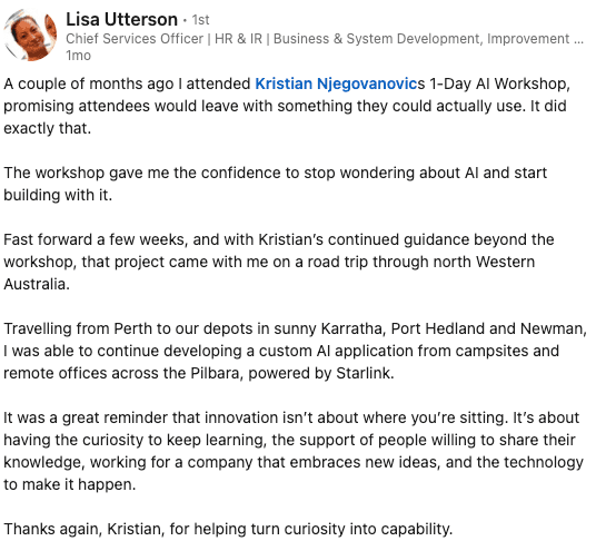 LinkedIn post from a crane hire services chief about building an AI app after the workshop